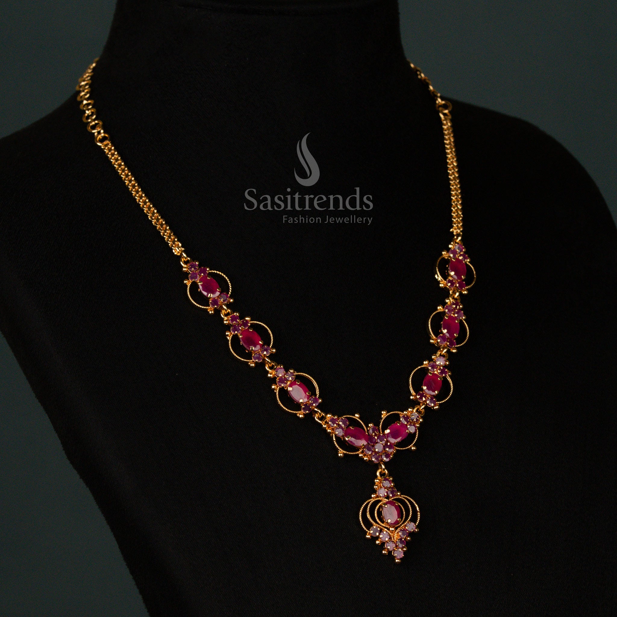 Exquisite micro gold-plated ruby necklace, featuring intricately embedded American diamond stones, a stunning jewellery choice for sarees and ethnic fashion trend - Sasitrends
