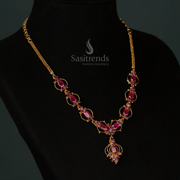 Exquisite micro gold-plated ruby necklace, featuring intricately embedded American diamond stones, a stunning jewellery choice for sarees and ethnic fashion trend - Sasitrends