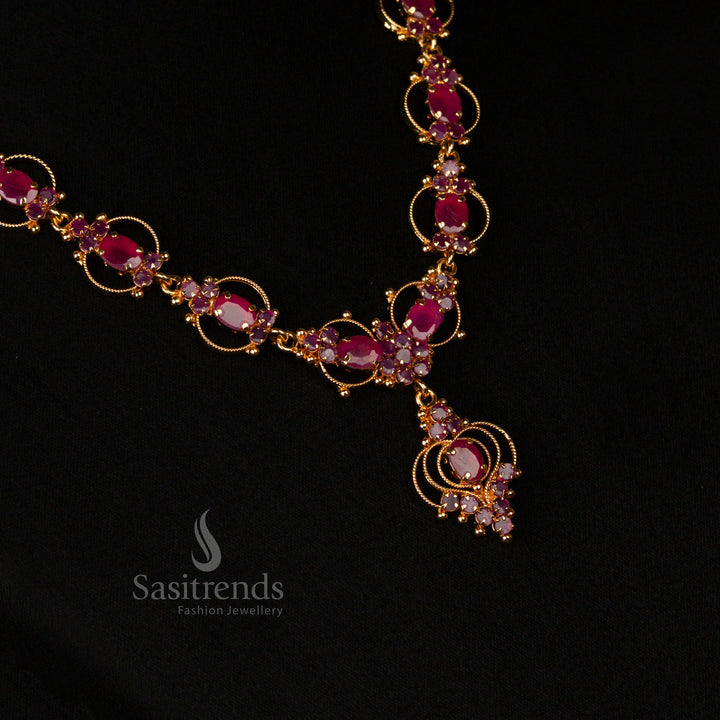 Designer micro gold-plated necklace with exquisite ruby stones and shimmering American diamond embellishments, a trendy jewellery masterpiece for women’s fashion - Sasitrends