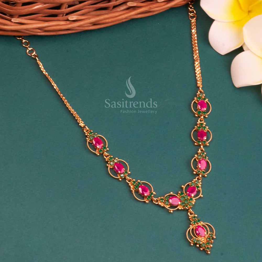 Stunning micro gold plated necklace adorned with shimmering American diamond stones, perfect for festive and traditional occasions in ruby-green combination - Sasitrends