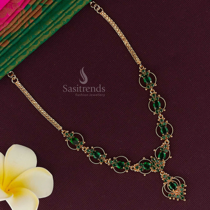 Beautiful micro gold plated necklace crafted with dazzling American diamond stones, a perfect choice for cultural events, festivals, and weddings in green shade - Sasitrends
