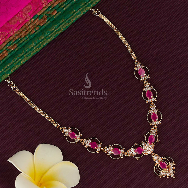 Fashionable micro gold plated necklace designed with radiant American diamond stones, a stylish addition to traditional attire in white-ruby color - Sasitrends