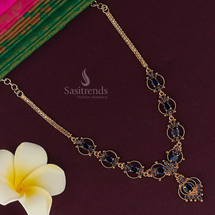 Radiant micro gold plated necklace with dazzling American diamond stones, specially designed for grand celebrations and traditional events in a mesmerizing blue shade - Sasitrends