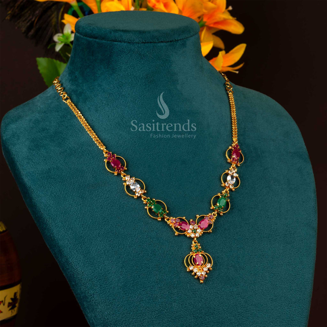 Luxurious micro gold plated necklace featuring vibrant multi-colored American diamond stones, an exquisite choice for special occasions and ethnic wear - Sasitrends