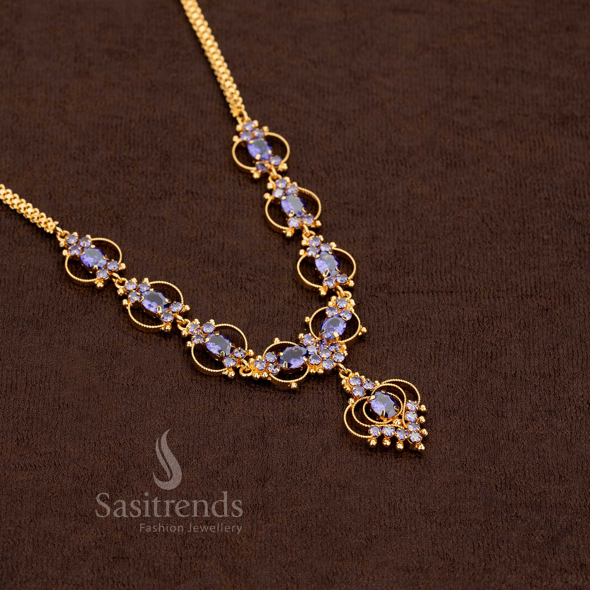 Elegant micro gold plated necklace with sparkling American diamond stones, designed in a beautiful purple tone – perfect for casual outings and festive wear – Sasitrends