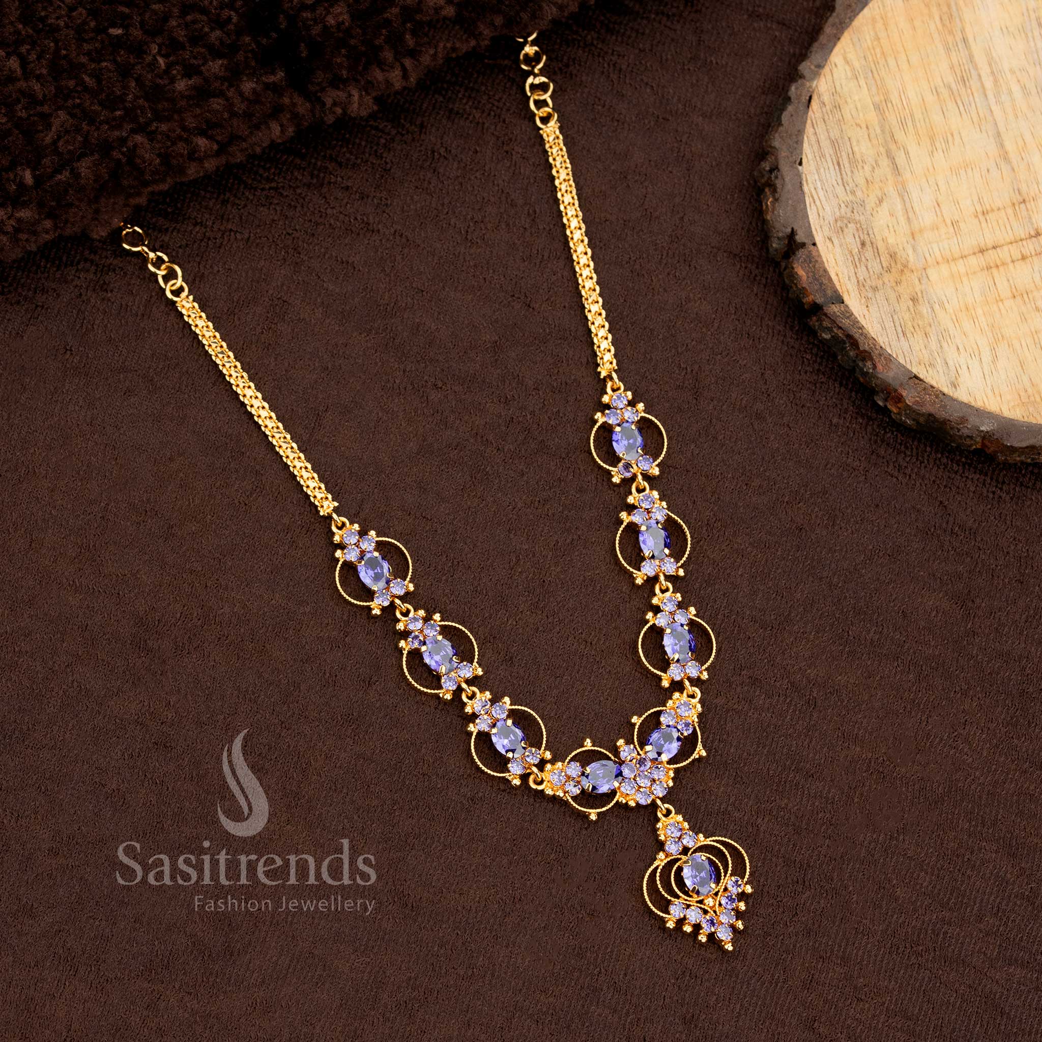 Stylish micro gold plated necklace in purple with finely set American diamond stones, ideal for party wear and gifting – Sasitrends