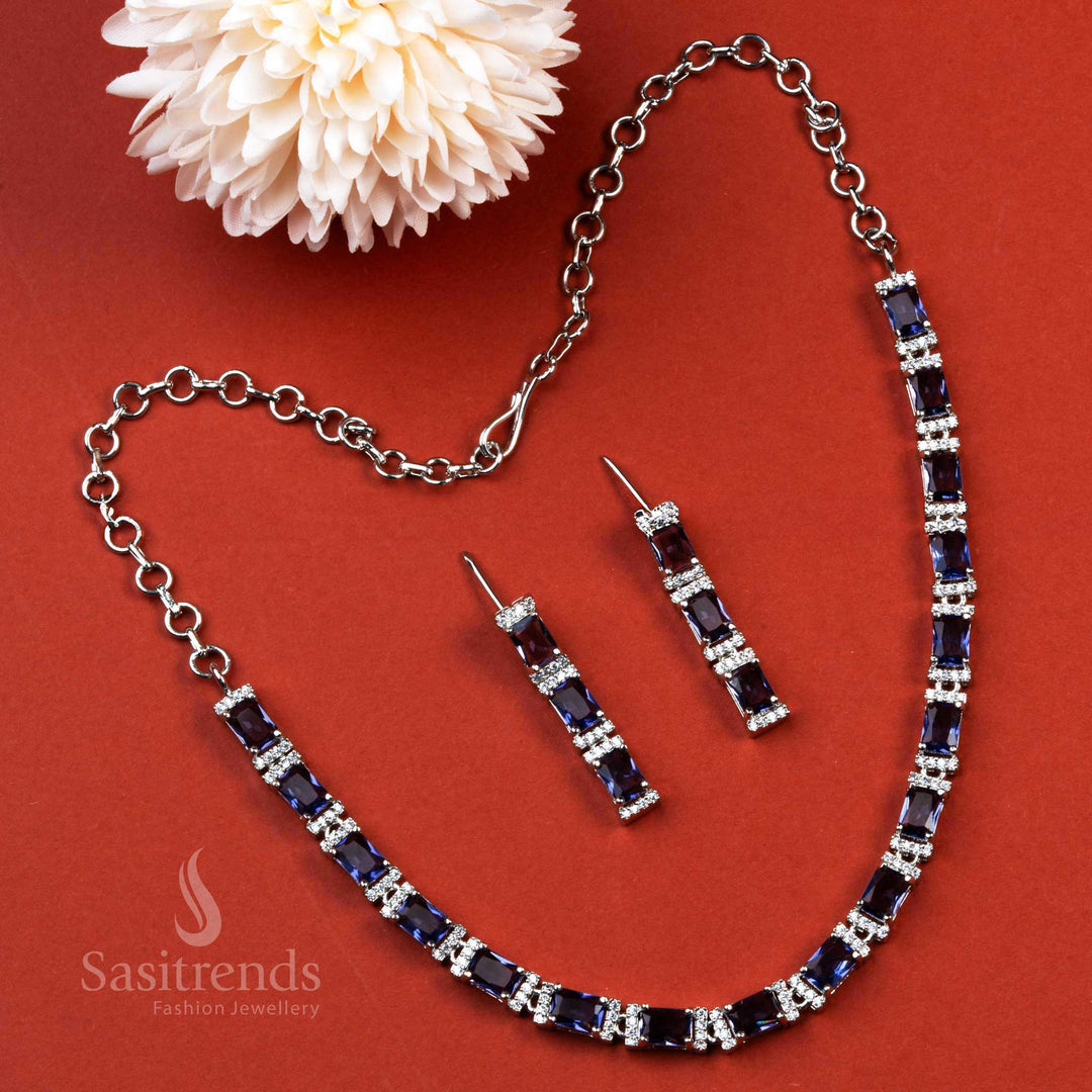 Party Wear Rhodium Silver Plated AD Party Wear Necklace Set - Sasitrends