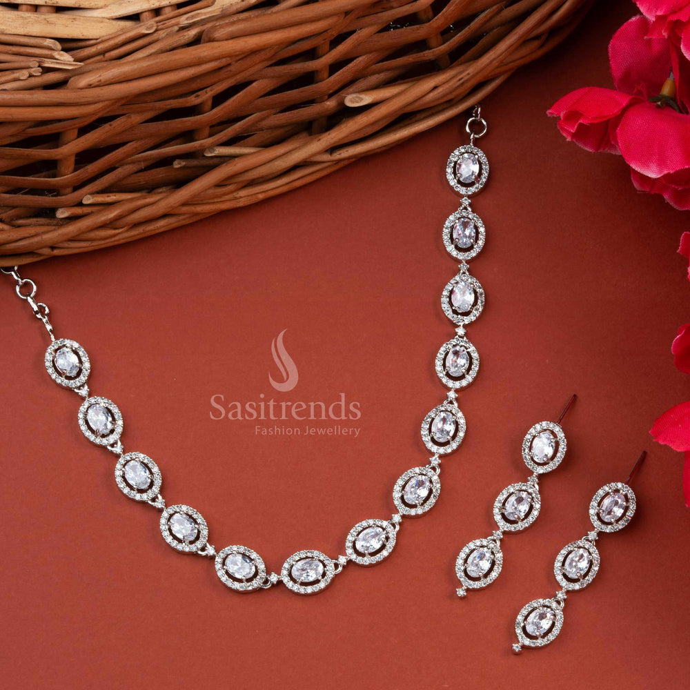Stunning Oval Pattern Rhodium Silver Plated AD Necklace Set with Earrings - Sasitrends