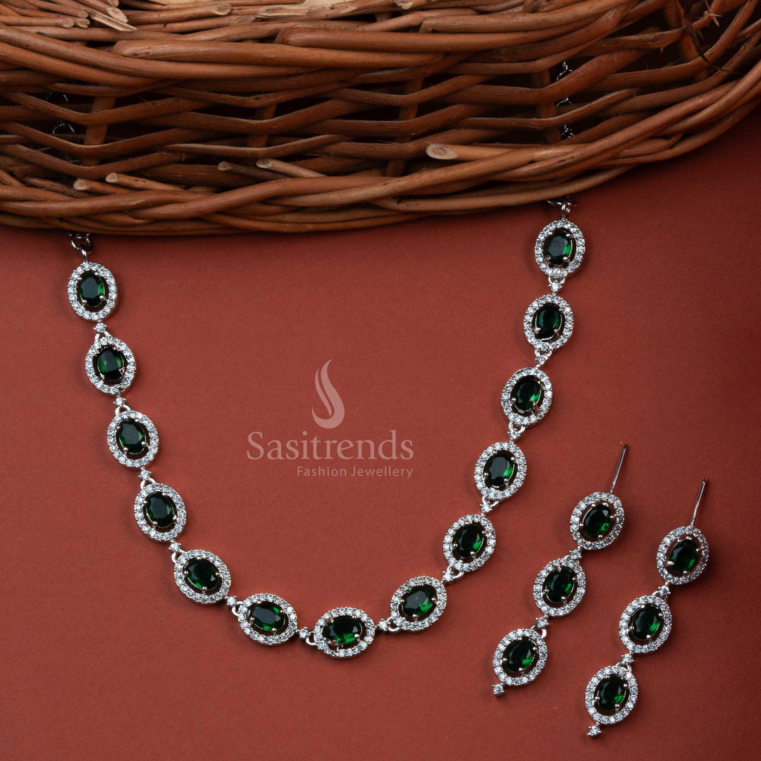 Add a Touch of Elegance with a Rhodium Silver Plated Necklace Featuring Stunning Green AD Stones - Ideal for Weddings - Sasitrends