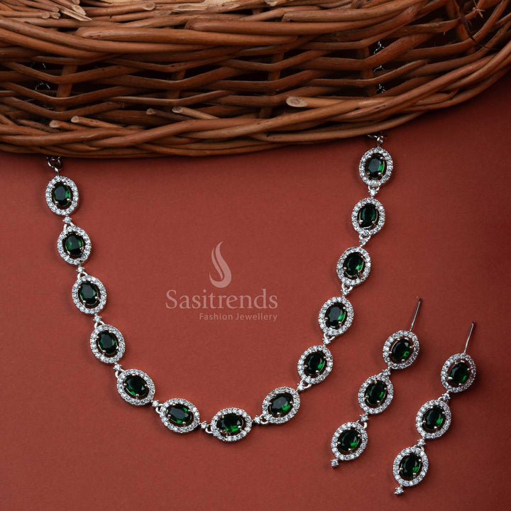 Stunning Oval Pattern Party Wear American Diamond Jewellery Set - Rhodium Silver Plated | Sasitrends