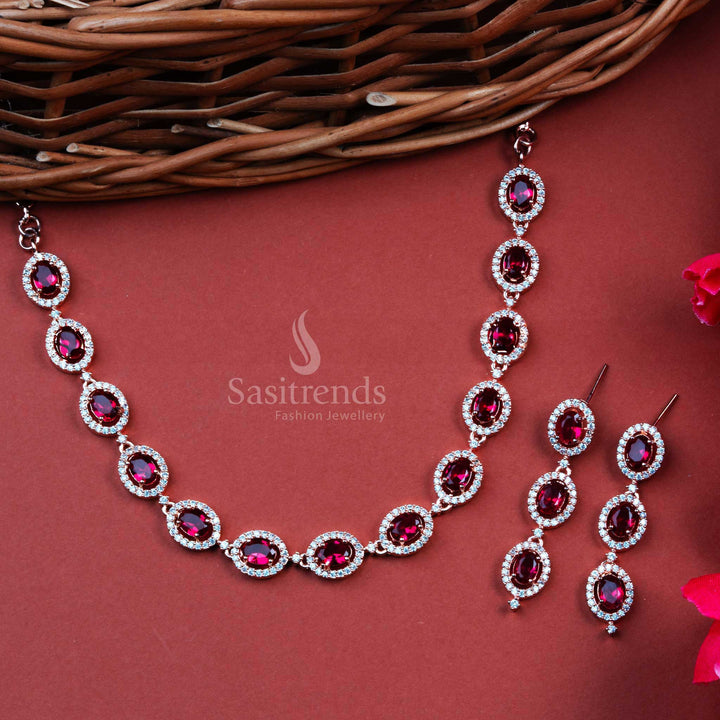 Exquisite Oval Pattern Party Wear American Diamond Jewellery Set - Rose Gold Plated | Sasitrends