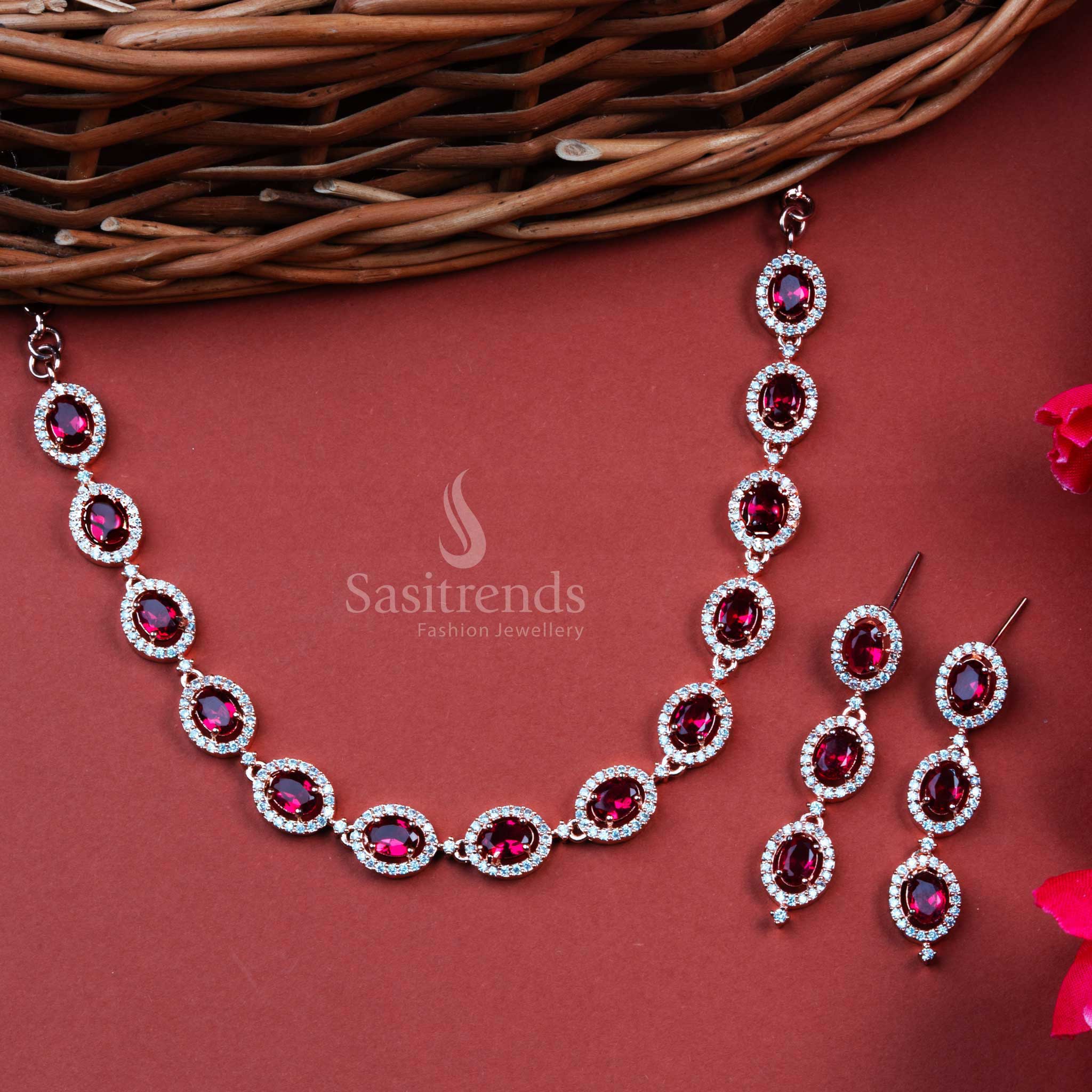 Radiate Beauty with a Rose Gold Plated Necklace Featuring Lovely Pink AD Stones - Ideal for Parties