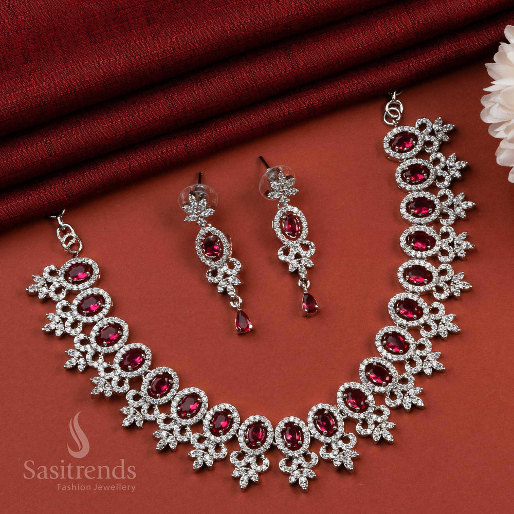 Dazzling Rhodium Silver Plated AD Necklace Set with Red Stone Motifs - Elevate Your Party Attire with Rich Accessories - Sasitrends