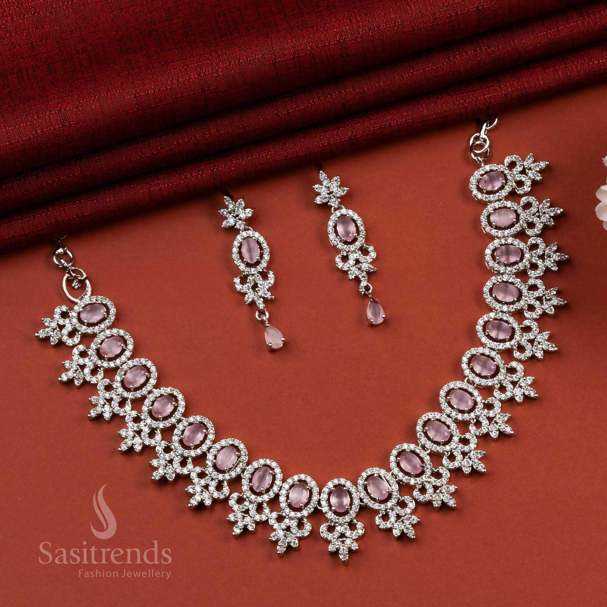 Charm and Elegance Combine in this Rhodium Silver Plated AD Necklace Set with Pink Stone Accents - Perfect for Any Occasion