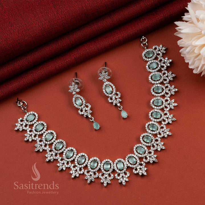 Glamorous Rhodium Silver Plated AD Party Wear Necklace Set with Mint Stone Accents - A Must-Have for Festive Celebrations