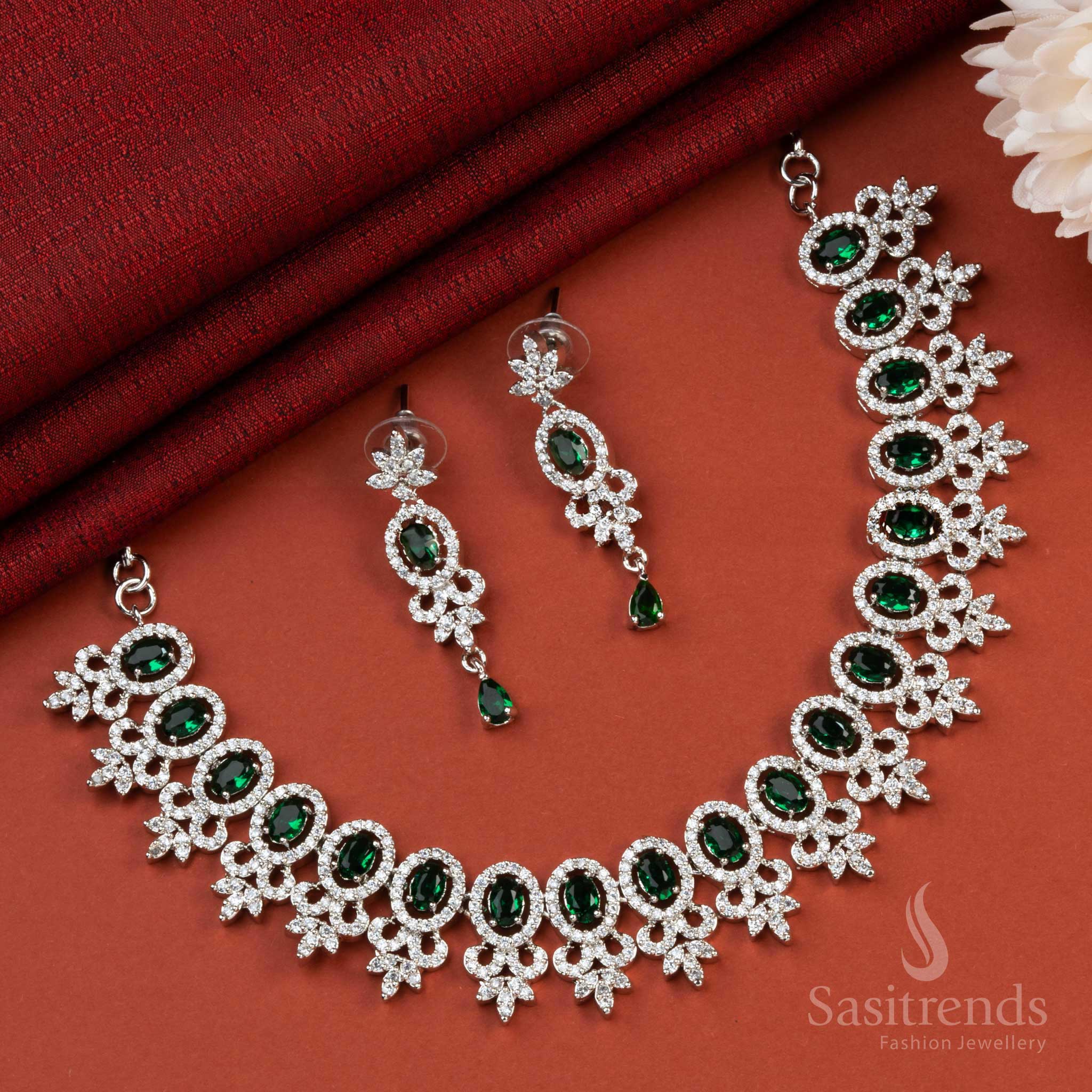 Add a Touch of Elegance with a Rhodium Silver Plated Necklace Featuring Stunning Green AD Stones - Ideal for Weddings