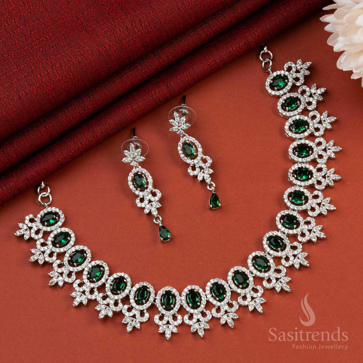 Add a Touch of Elegance with a Rhodium Silver Plated Necklace Featuring Stunning Green AD Stones - Ideal for Weddings