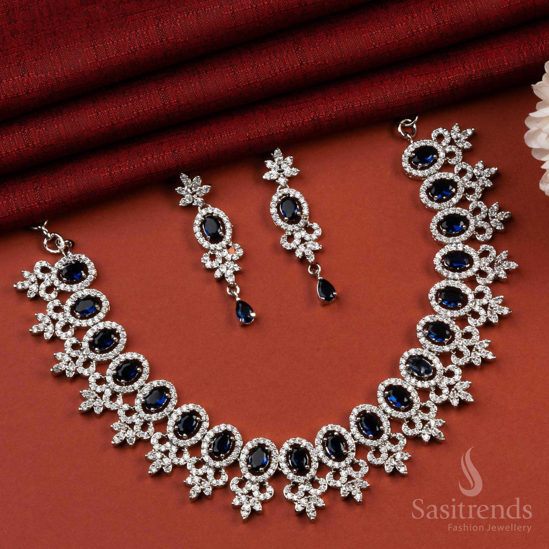 Exquisite Rhodium Silver Plated AD Necklace and Earrings Set with Blue Stone Motifs - Gorgeous Party Wear Accessories