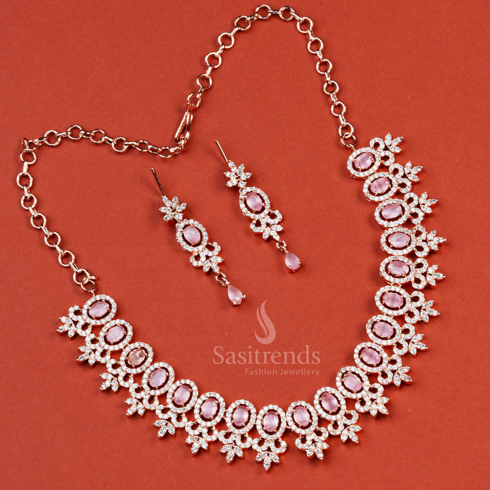 Radiate Beauty with a Rose Gold Plated Necklace Featuring Lovely Pink AD Stones - Ideal for Parties - Sasitrends