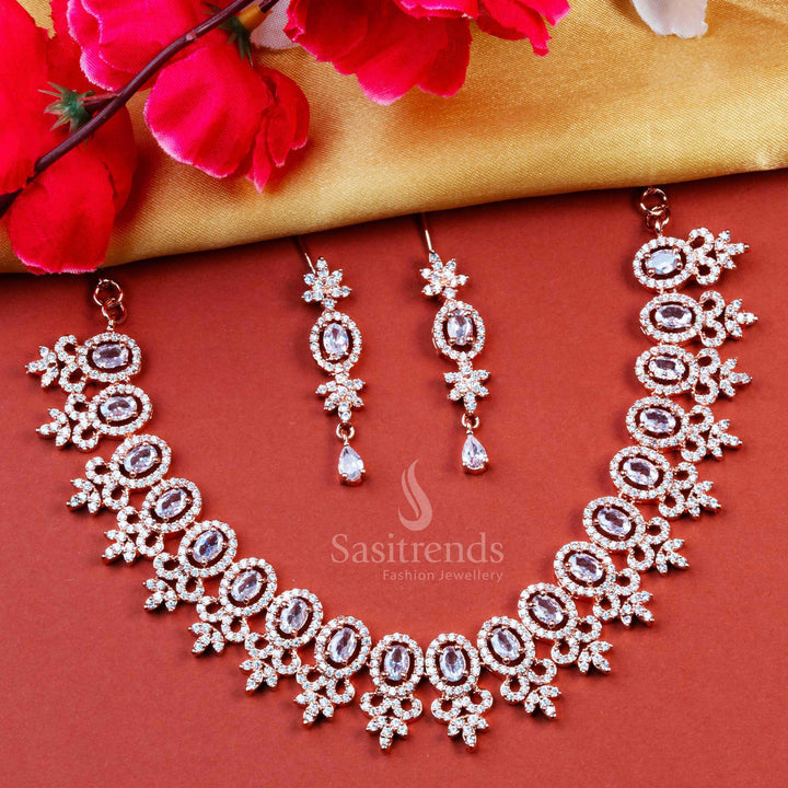 Elegant Rose Gold Party Wear AD Necklace Set with White Stone Motifs & Earrings - Rich Look Jewelry for Women - Sasitrends