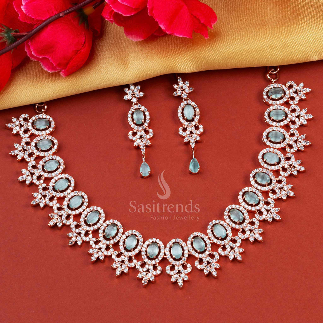 Glamorous Rose Gold Party Wear American Diamond Necklace Set with Green Stone Accents - A Must-Have for Festive Celebrations
