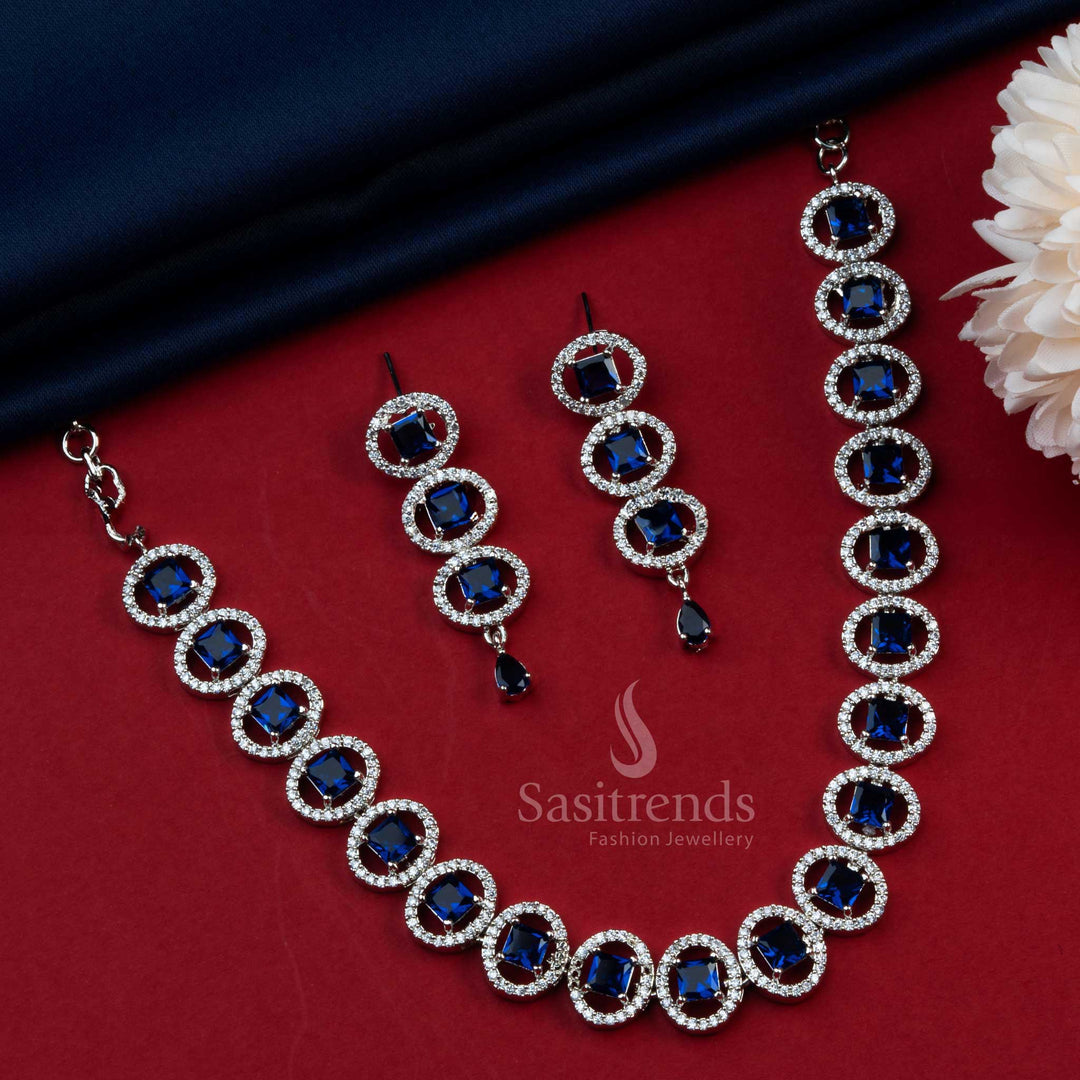 Captivating Blue Stone Rhodium Silver Plated AD Necklace Set - Oval Pattern Party Wear Jewelry with Earrings - Sasitrends