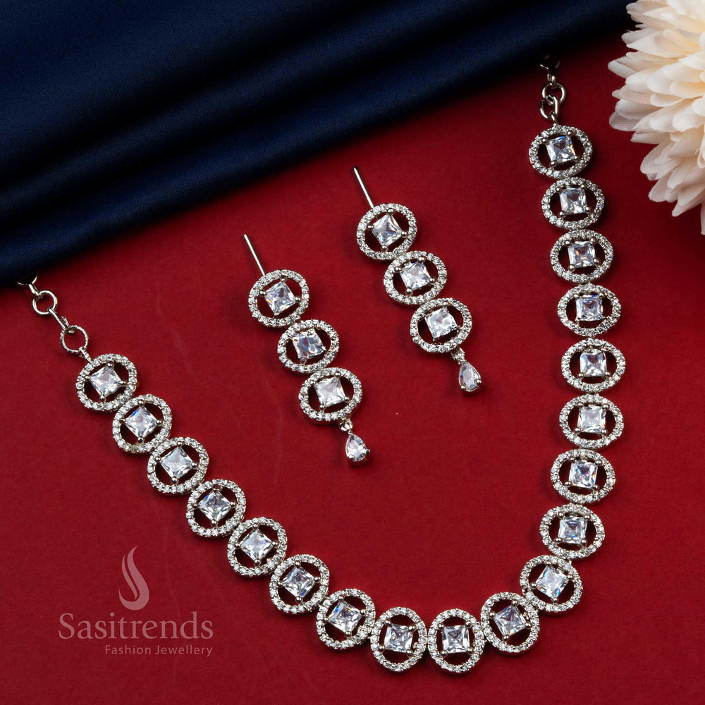 Exquisite White Stone Rhodium Silver Plated Party Necklace Set with Earrings - American Diamonds and Stunning Oval Pattern - Sasitrends