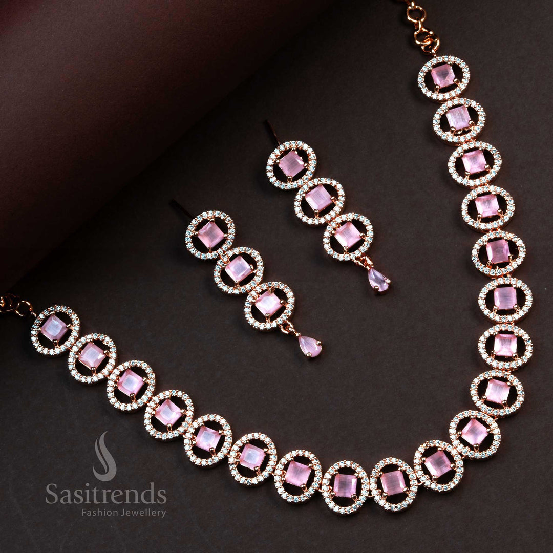 Charming Pink AD Stone Rose Gold Plated Necklace Set - Oval Pattern Party Wear Jewelry with Earrings - Sasitrends
