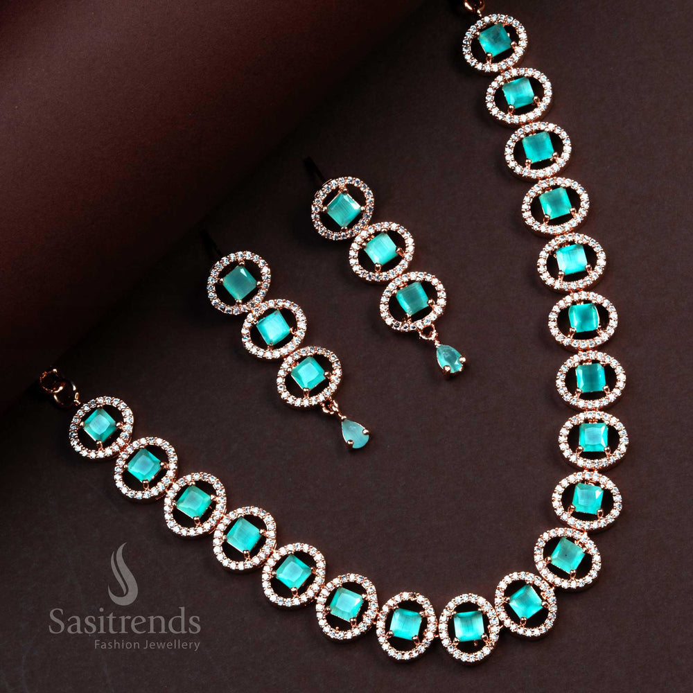 Rich Look Rose Gold Plated American Diamond Party Necklace Set with Earrings - Sasitrends