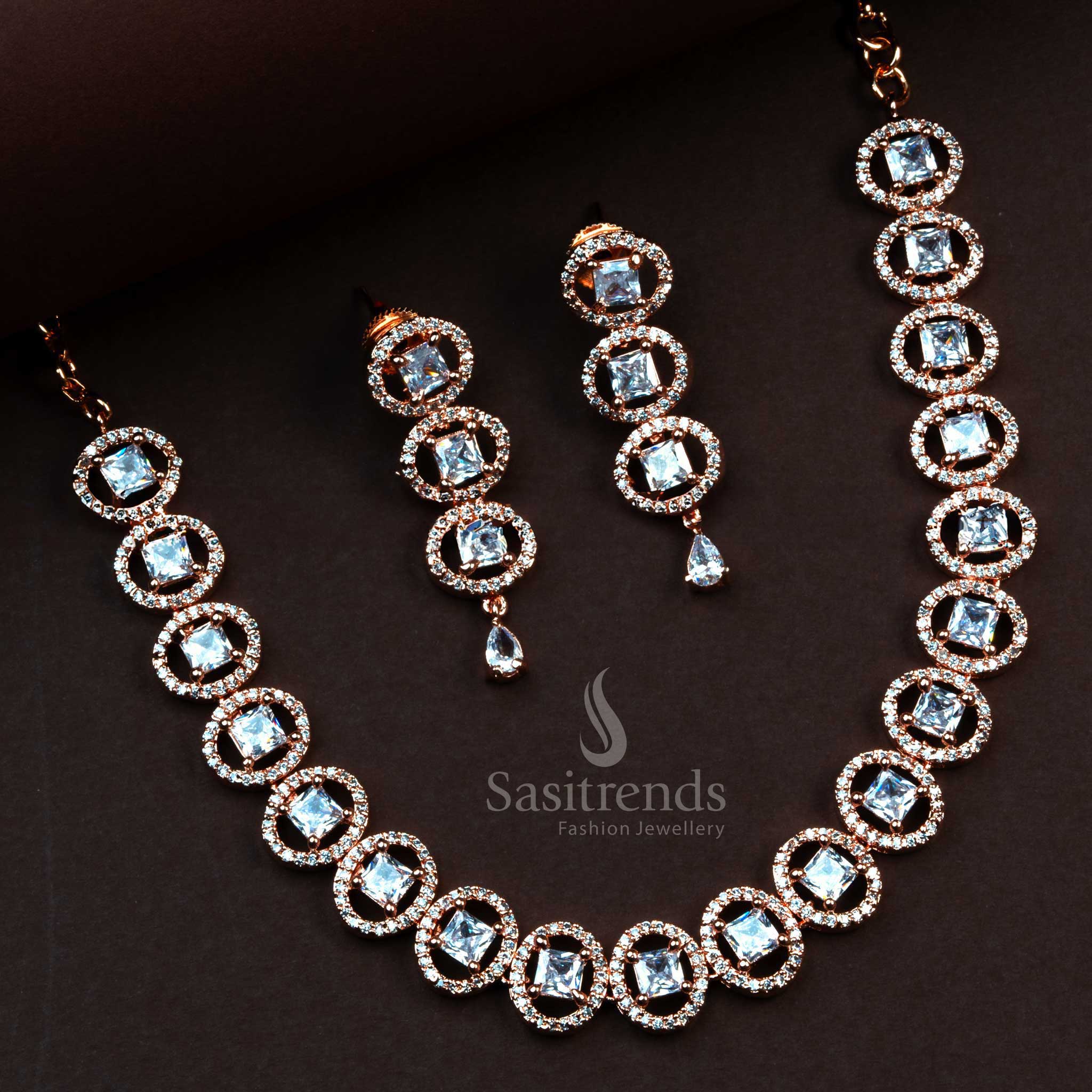 Elegant White AD Stone Rose Gold Necklace Set - Party Wear Jewelry with Matching Earrings - Latest Collection - Sasitrends