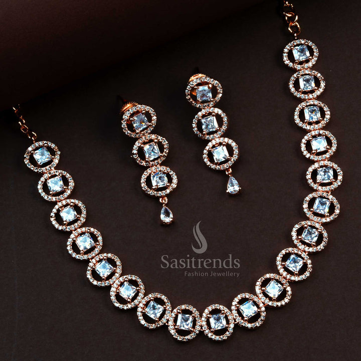 Elegant White AD Stone Rose Gold Necklace Set - Party Wear Jewelry with Matching Earrings - Latest Collection - Sasitrends