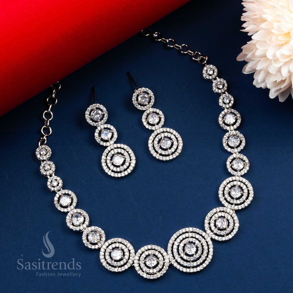 Gorgeous White AD Necklace & Earrings - Rhodium Silver Plated Party Wear Set for Women