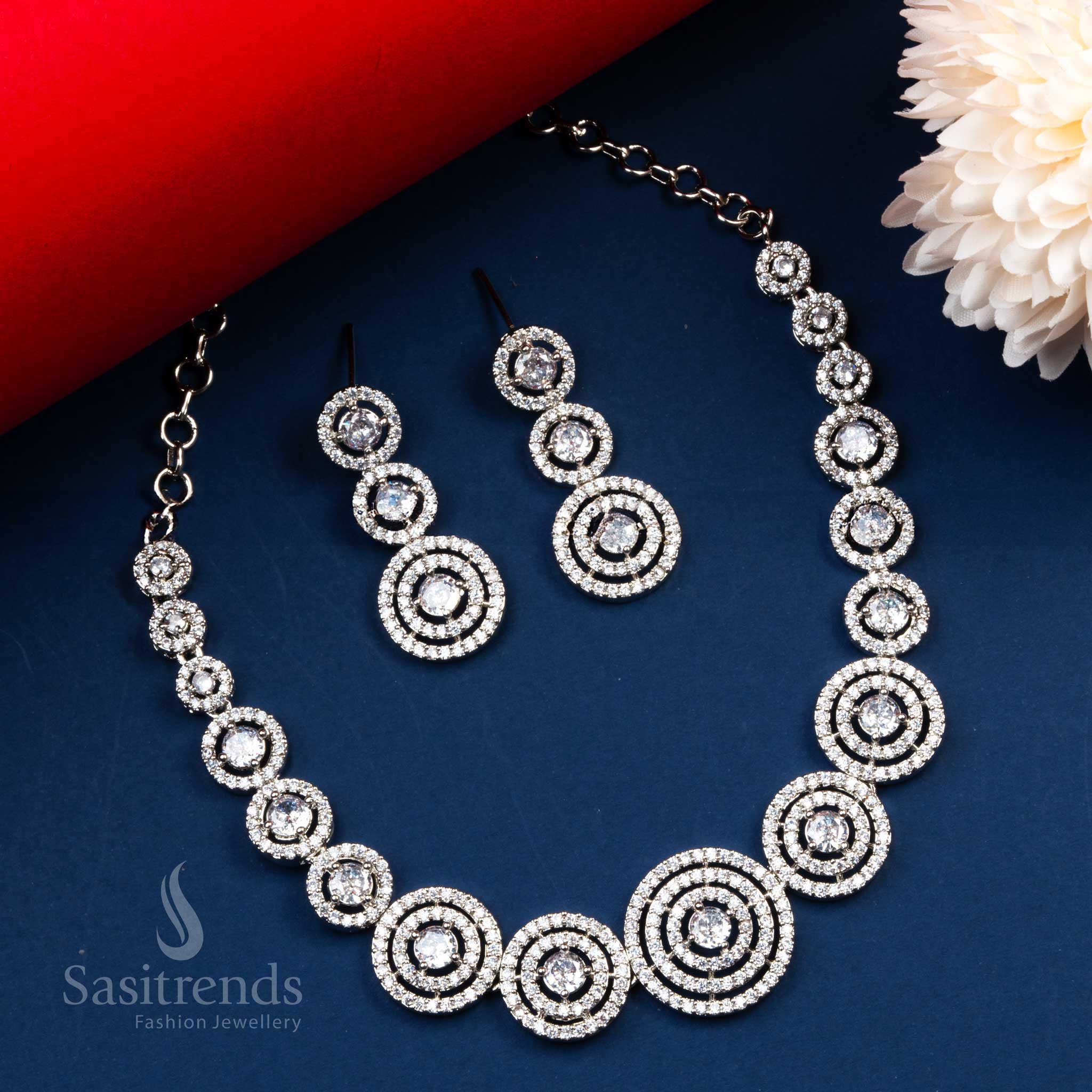 Gorgeous White AD Necklace & Earrings - Rhodium Silver Plated Party Wear Set for Women