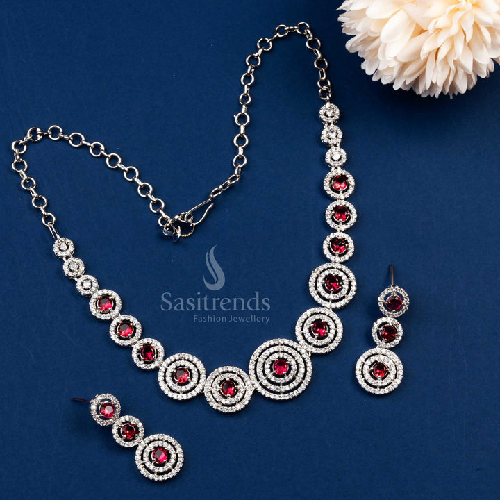 Gorgeous Party Wear Rhodium Silver Plated American Diamond Jewellery Set | Sasitrends