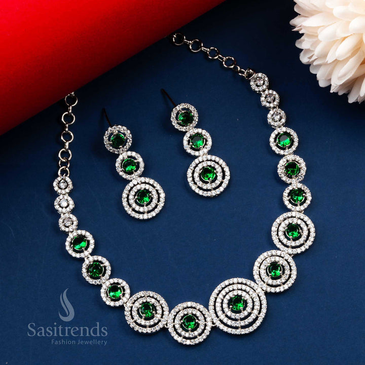 Gorgeous Party Wear Rhodium Silver Plated AD Necklace with Earrings - Sasitrends