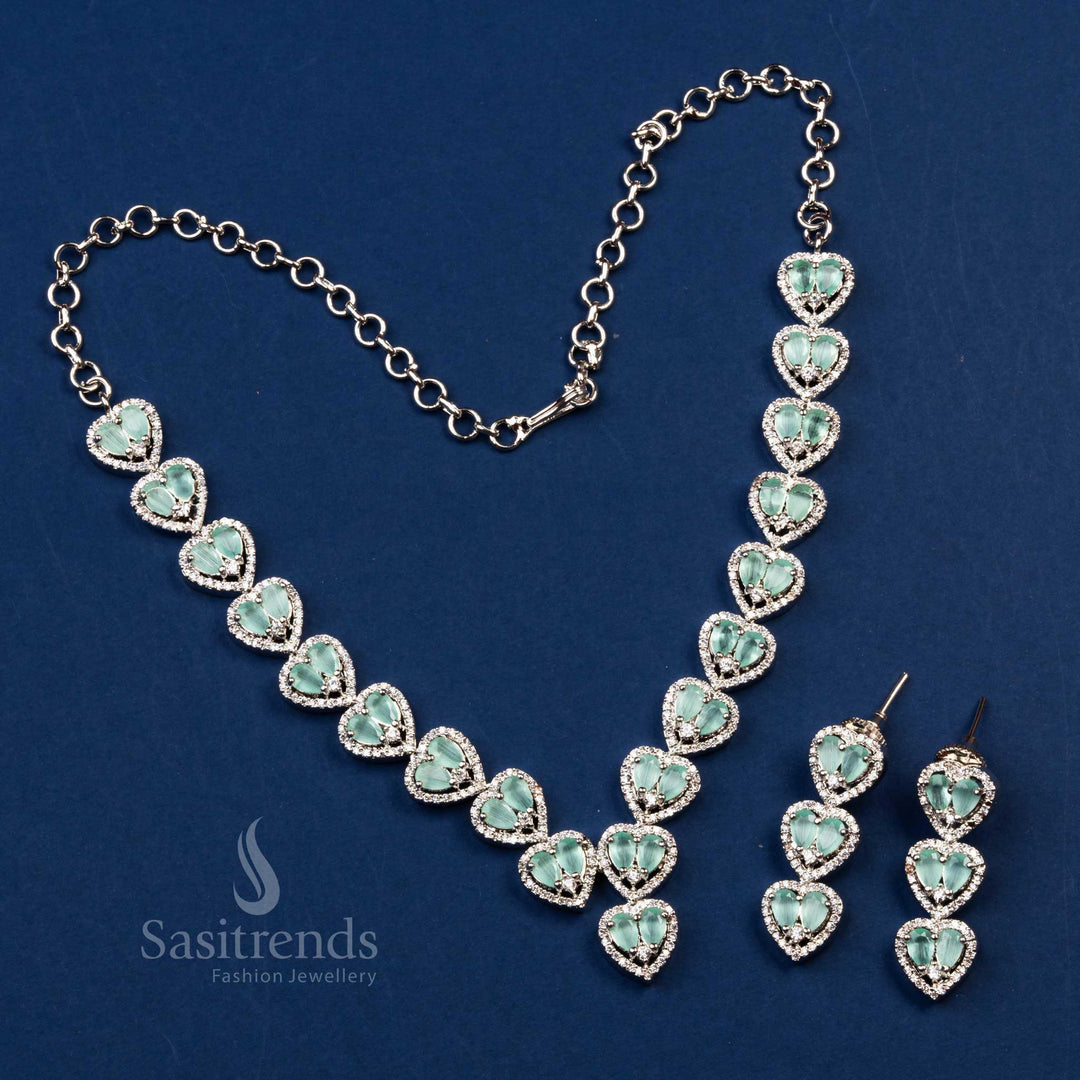 Stunning Party Wear Rhodium Silver Plated Heart Motif AD Necklace with Earrings - Sasitrends