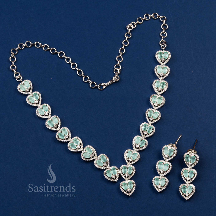 Stunning Party Wear Rhodium Silver Plated Heart Motif AD Necklace with Earrings - Sasitrends
