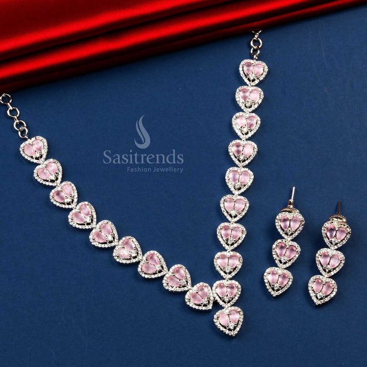 Stunning Party Wear Rhodium Silver Plated Heart Motif AD Necklace with Earrings  - Sasitrends