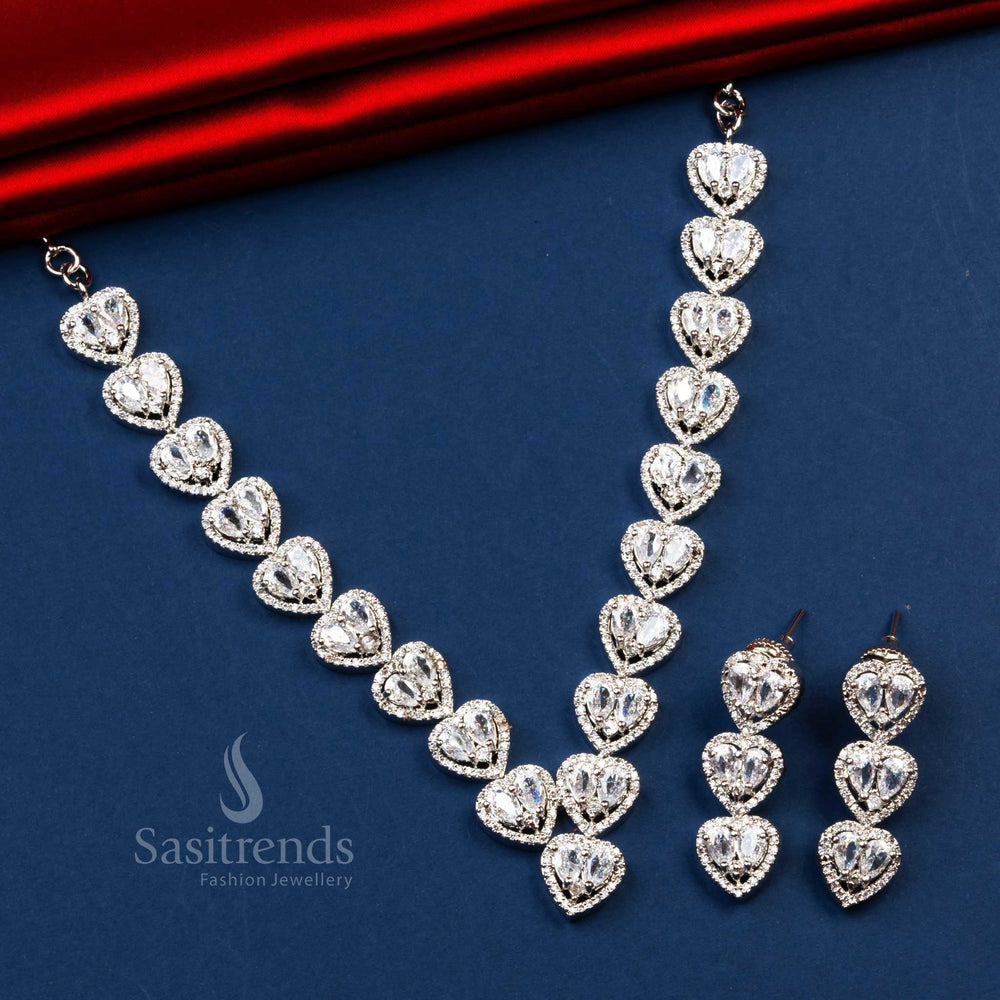Heart Shaped Motif AD Necklace in Rhodium Silver Plated with Dazzling White Stones - Latest Party Wear - Sasitrends