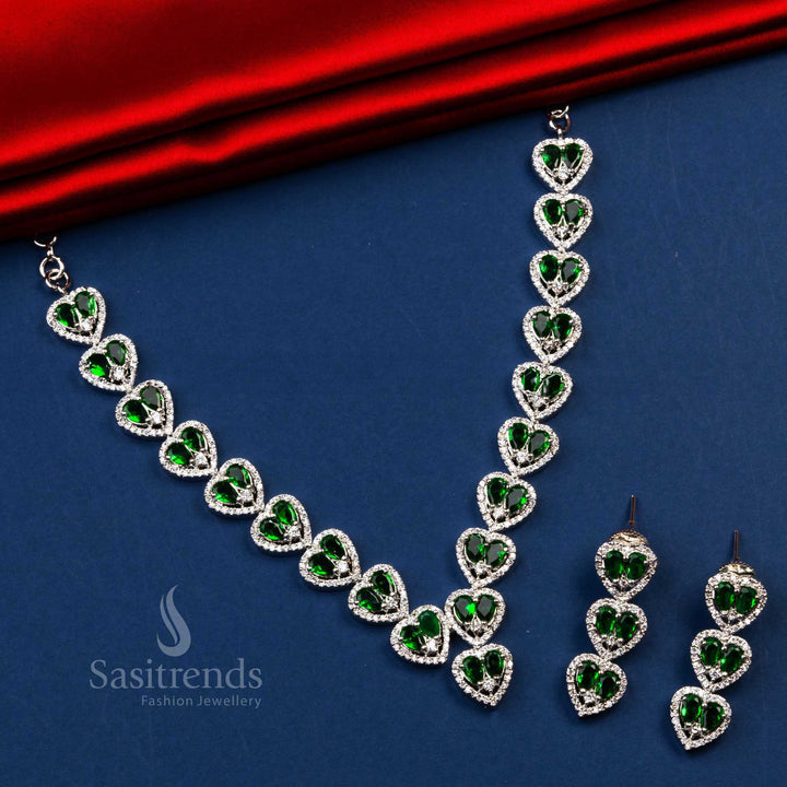 Stunning Party Wear Rhodium Silver Plated Heart Motif AD Necklace with Earrings - Sasitrends