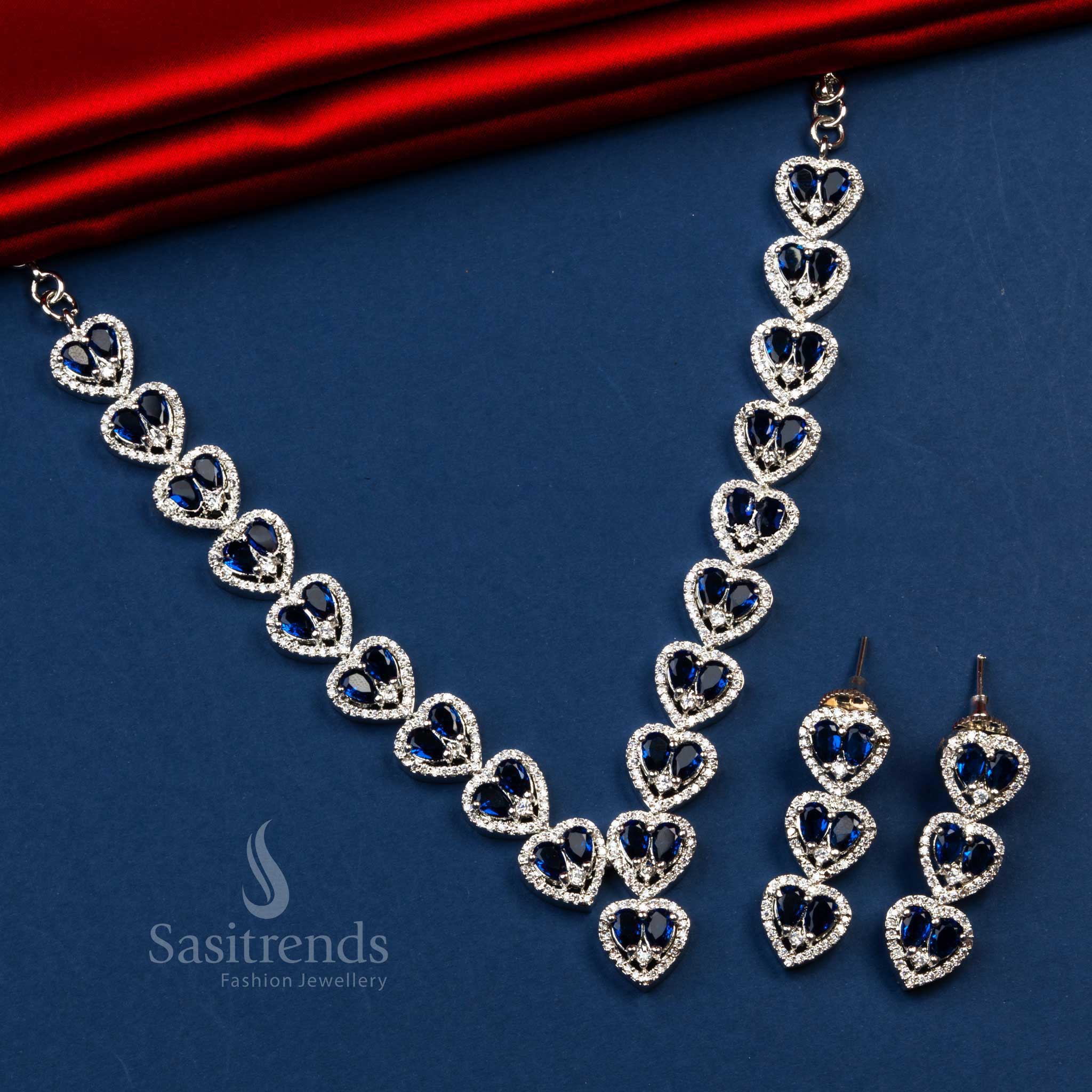 Stunning Party Wear Rhodium Silver Plated Heart Motif AD Necklace with Earrings - Sasitrends