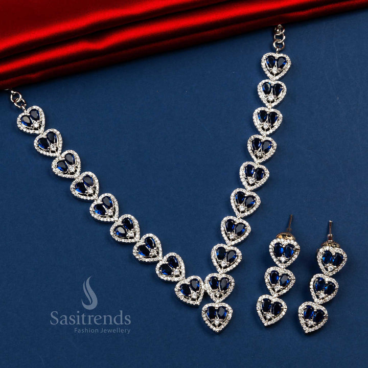 Stunning Party Wear Rhodium Silver Plated Heart Motif AD Necklace with Earrings - Sasitrends