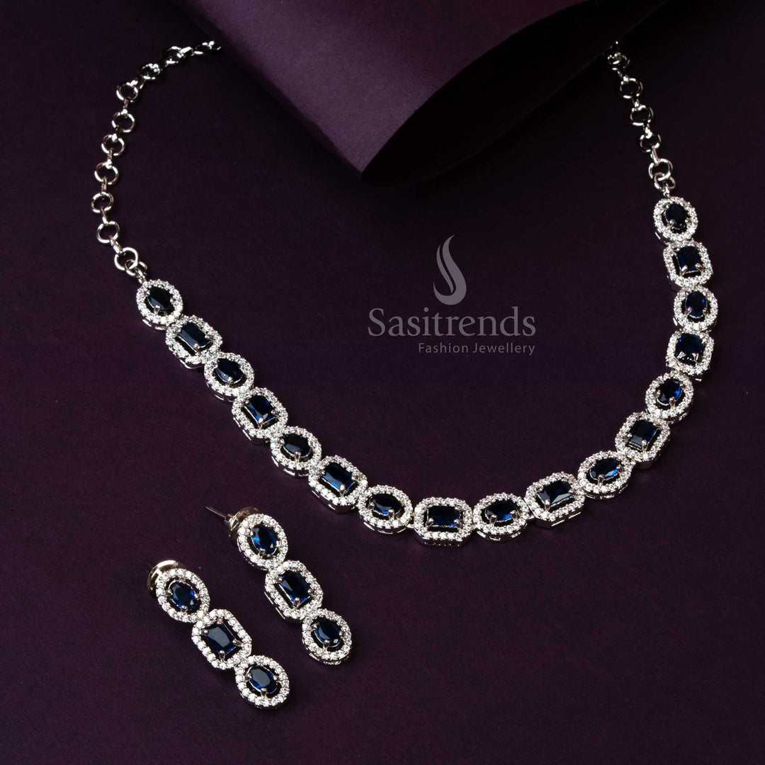 Royal Blue Stone Party Wear AD Necklace - Rhodium Silver Plated - Sasitrends