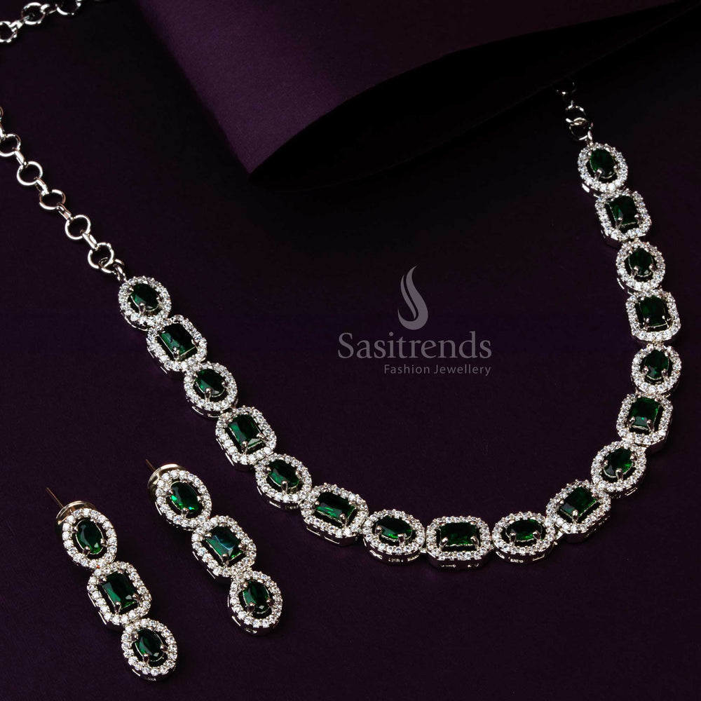 Captivating Green Stone Party Wear AD Necklace Set - Latest Rhodium Silver Plating - Sasitrends