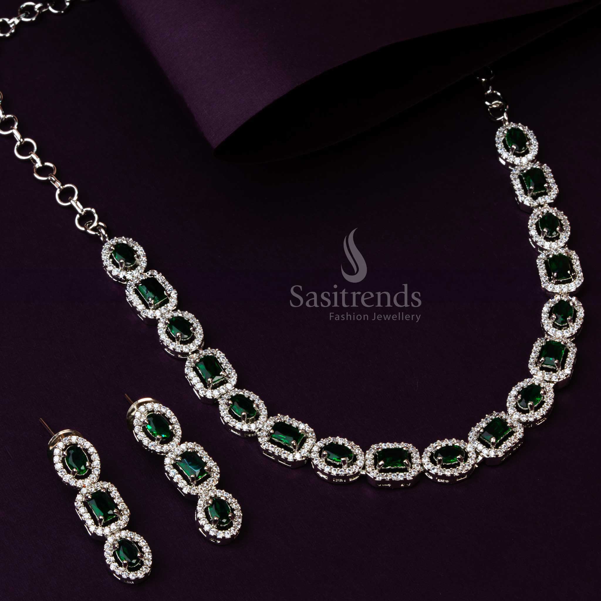 Captivating Green Stone Party Wear AD Necklace Set - Latest Rhodium Silver Plating - Sasitrends