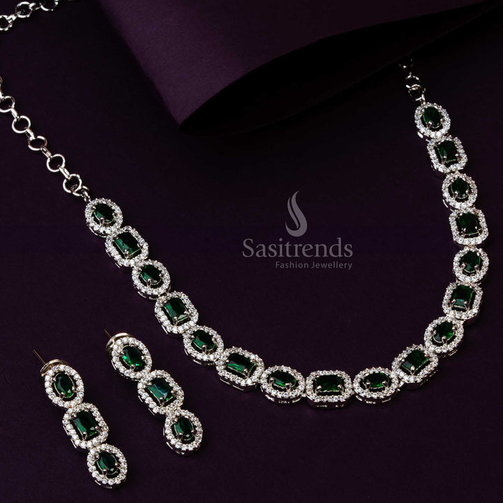 Captivating Green Stone Party Wear AD Necklace Set - Latest Rhodium Silver Plating - Sasitrends