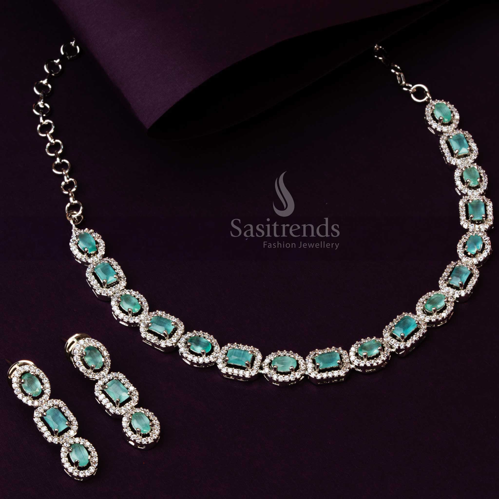 Mint Green Stone Party Wear AD Necklace Set - Rhodium Silver Plating & Earrings - Sasitrends