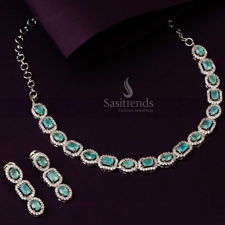 Mint Green Stone Party Wear AD Necklace Set - Rhodium Silver Plating & Earrings - Sasitrends