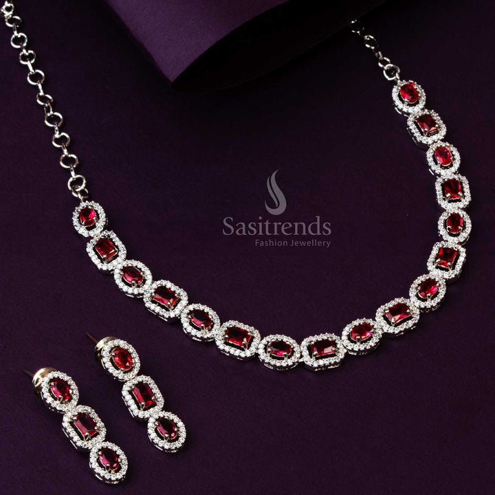 Vibrant Red American Diamond Necklace - Rhodium Silver Finish - Sasitrends