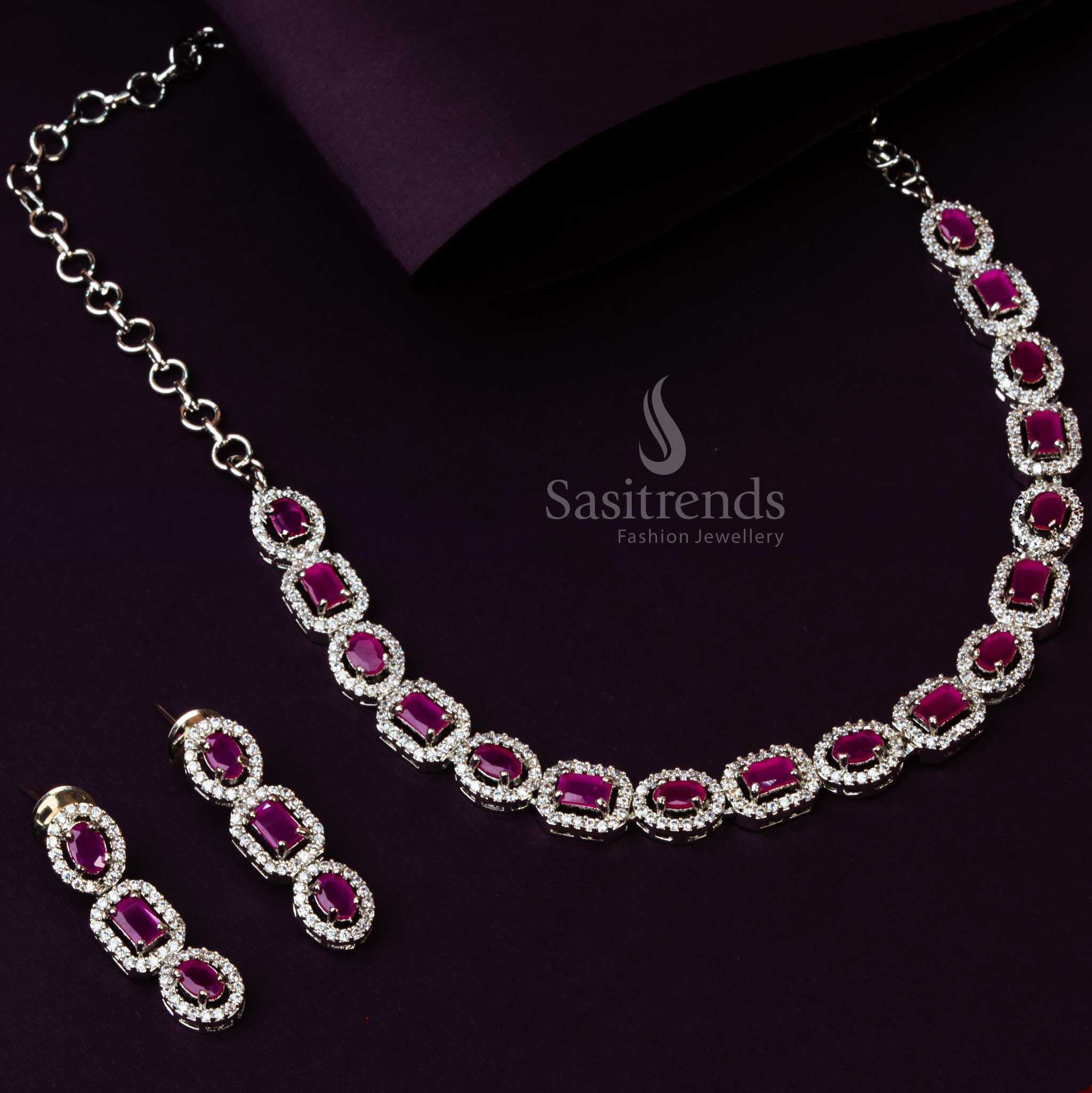 Rhodium Silver Plated Party Wear Necklace Set with American Diamonds-Ruby Pink - Sasitrends